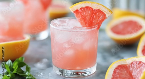 Refreshing grapefruit beverage with mint surrounded by fresh fruit on a wooden surface