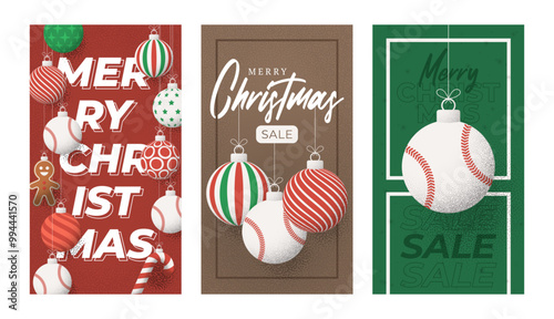 baseball Christmas Greeting grainy card. Merry Christmas and happy new year sport retro greeting card. Hang on a thread xmas ball bauble