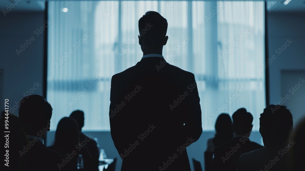 A professionally dressed man stands silhouetted against a window, addressing a group in a corporate environment, exuding leadership and focus. A professionally dressed man stands silhouetted against a window, addressing a group in a corporate environment, exuding leadership and focus.