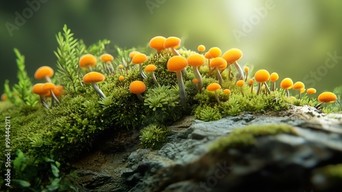 Vibrant Orange Mushrooms Growing on Mossy Forest Floor photo