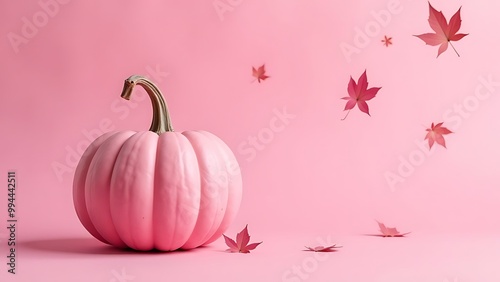 Pink pumpkin on pale pink background, halloween, pink autumn leaves falling