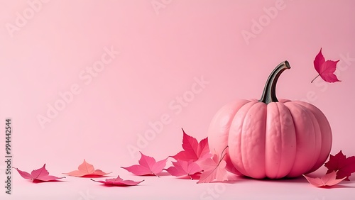 Pink pumpkin on pale pink background, halloween, pink autumn leaves falling