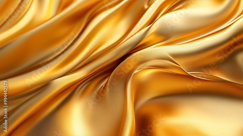 Opulent gold backdrop adorned with flowing satin fabric. Three-dimensional digital creation featuring abstract and contemporary business elements. Golden hues