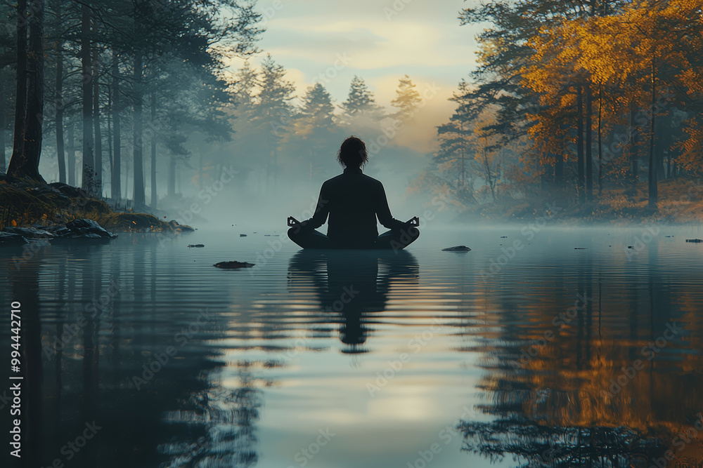 A serene scene of a person meditating by a still, reflective pond, with the surrounding nature mirrored in the water, representing inner peace and harmony. A serene scene of a person meditating by a still, reflective pond, with the surrounding nature mirrored in the water, representing inner peace and harmony.