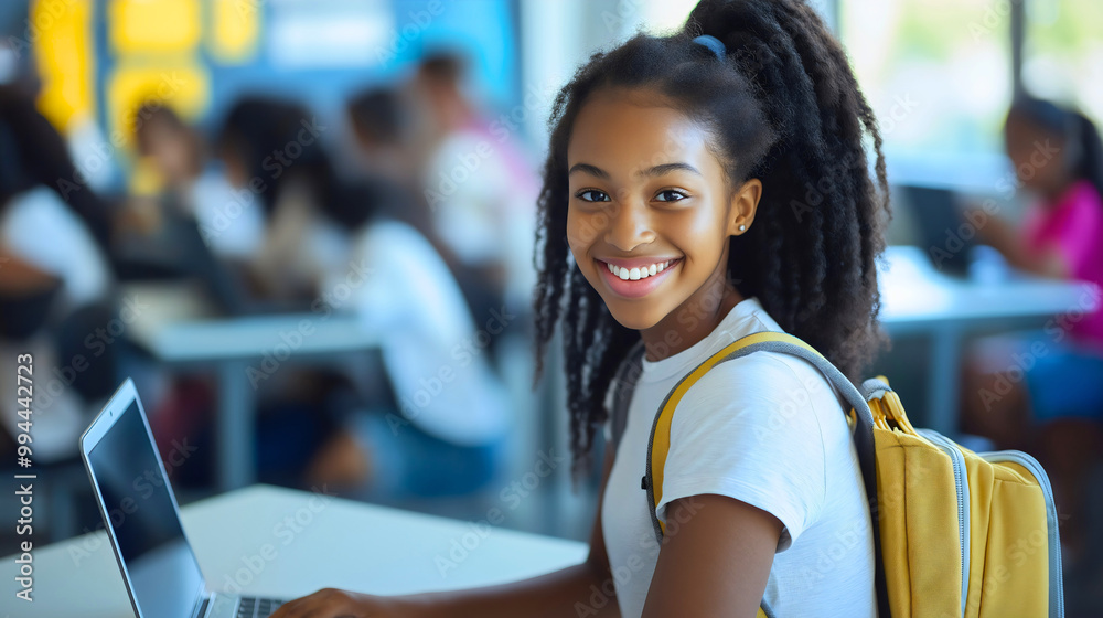 African American student uses laptop in classroom, teenager girl embraces education and technology, school computer enhances knowledge acquisition, learning environment, digital literacy African American student uses laptop in classroom, teenager girl embraces education and technology, school computer enhances knowledge acquisition, learning environment, digital literacy