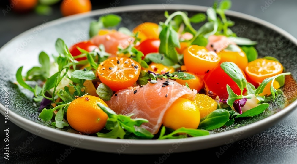 Fresh salad with cherry tomatoes and smoked salmon on a dark tabletop in natural light Fresh salad with cherry tomatoes and smoked salmon on a dark tabletop in natural light