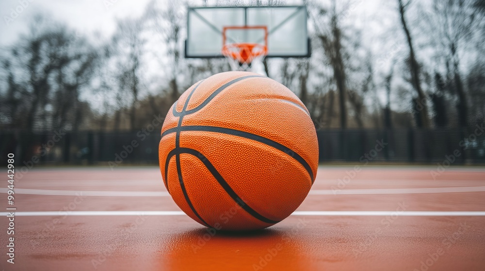 Orange basketball in the foreground with a basketball hoop in the background. Outdoor basketball court. Orange basketball in the foreground with a basketball hoop in the background. Outdoor basketball court.