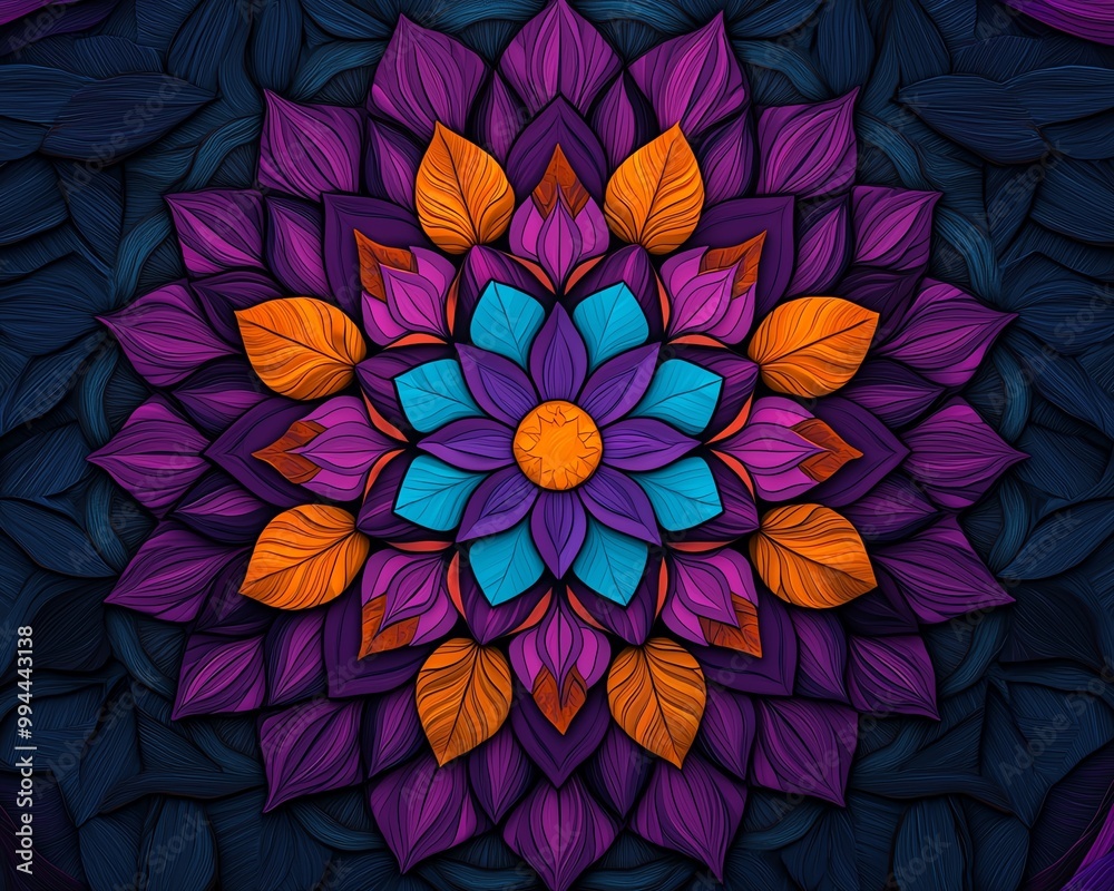 Craft a centered mandala with sacred motifs. Craft a centered mandala with sacred motifs.