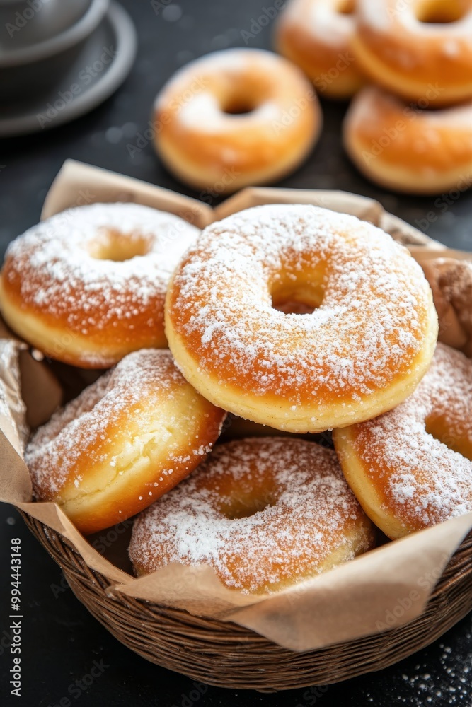 Freshly baked donuts in a basket with powdered sugar and a variety of flavors on display Freshly baked donuts in a basket with powdered sugar and a variety of flavors on display