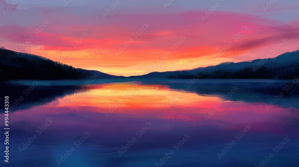 Vibrant Sunset Reflected on Still Water with Silhouetted Hills Vibrant Sunset Reflected on Still Water with Silhouetted Hills