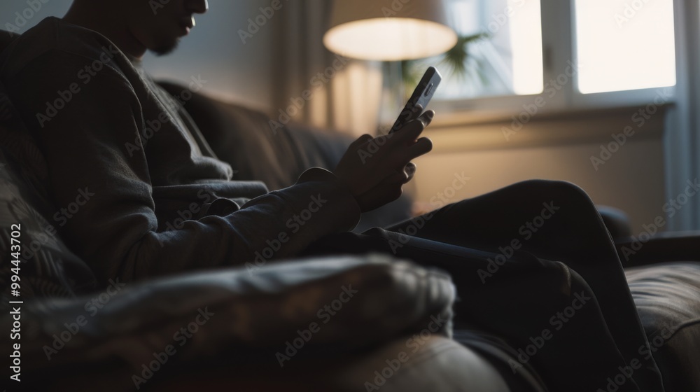 A person on a couch uses their smartphone in a dimly lit, cozy room, with a lamp casting a warm glow. A person on a couch uses their smartphone in a dimly lit, cozy room, with a lamp casting a warm glow.