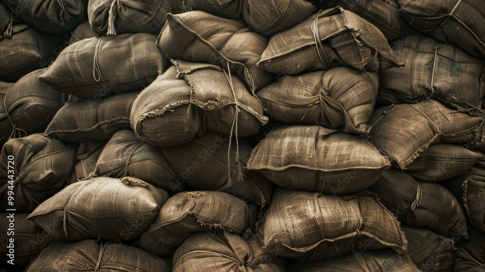 Obraz premium A large stack of burlap sacks tightly packed together, creating a textured and rustic visual.