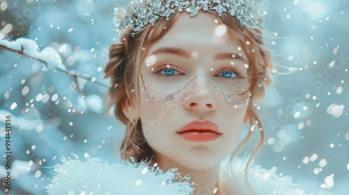 A captivating portrait of a person adorned with a bejeweled crown in a snowy landscape, blending elegance, fantasy, and ethereal beauty.