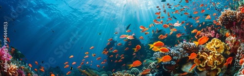 A vibrant coral reef teeming with a diverse array of colorful fish and marine life, illuminated by sunlight filtering through clear blue water, wide web banner