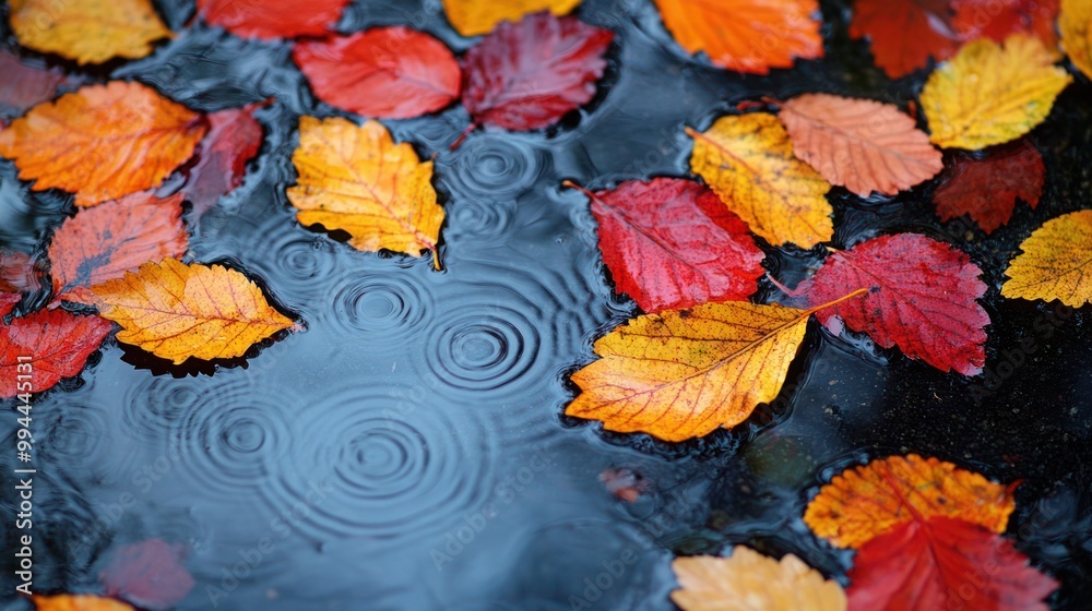 autumn scene with vibrant red, orange, and yellow leaves on a wet surface, reflecting in a puddle on a rainy day. Serene, meditative. perfect for fall and nature background autumn scene with vibrant red, orange, and yellow leaves on a wet surface, reflecting in a puddle on a rainy day. Serene, meditative. perfect for fall and nature background
