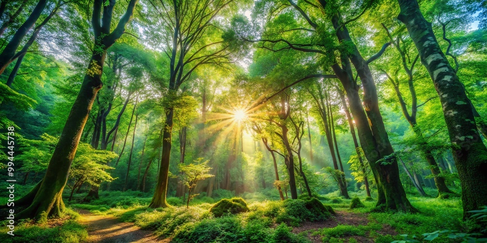Naklejka premium Serene Wilderness Scene with Lush Green Trees, Sunlight Filtering Through Dense Forest Canopy