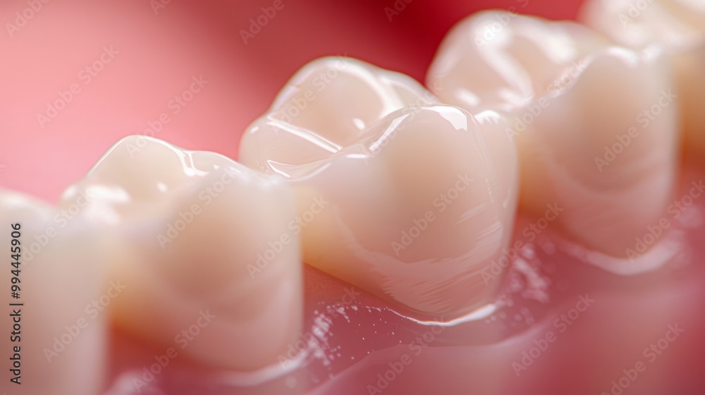 A close-up view of a row of teeth. The gums are a healthy pink, suggesting good oral hygiene. A close-up view of a row of teeth. The gums are a healthy pink, suggesting good oral hygiene.
