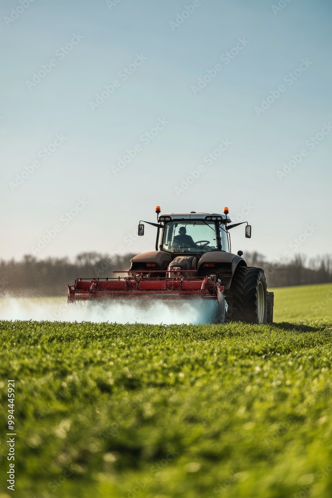 Fototapeta premium Tractor spraying fertilizer on a lush green field during sunny weather in the countryside