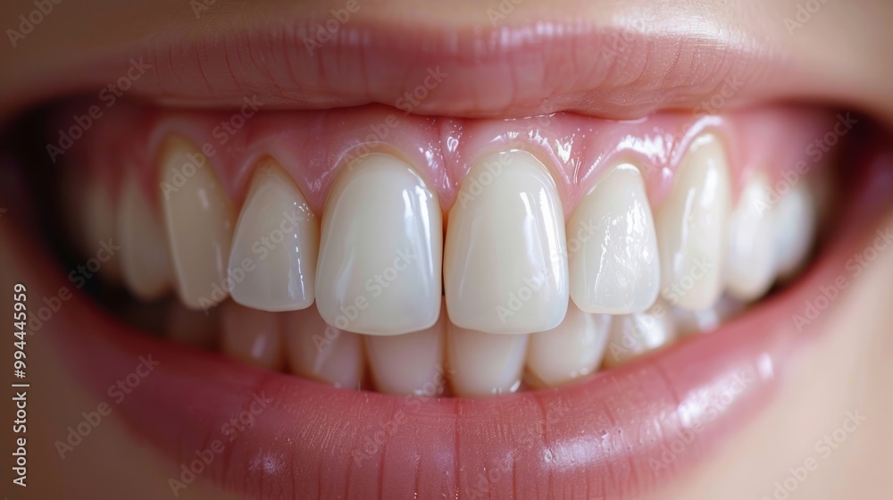 Fototapeta premium White smile. A close-up view of a row of teeth. The gums are a healthy pink, suggesting good oral hygiene.