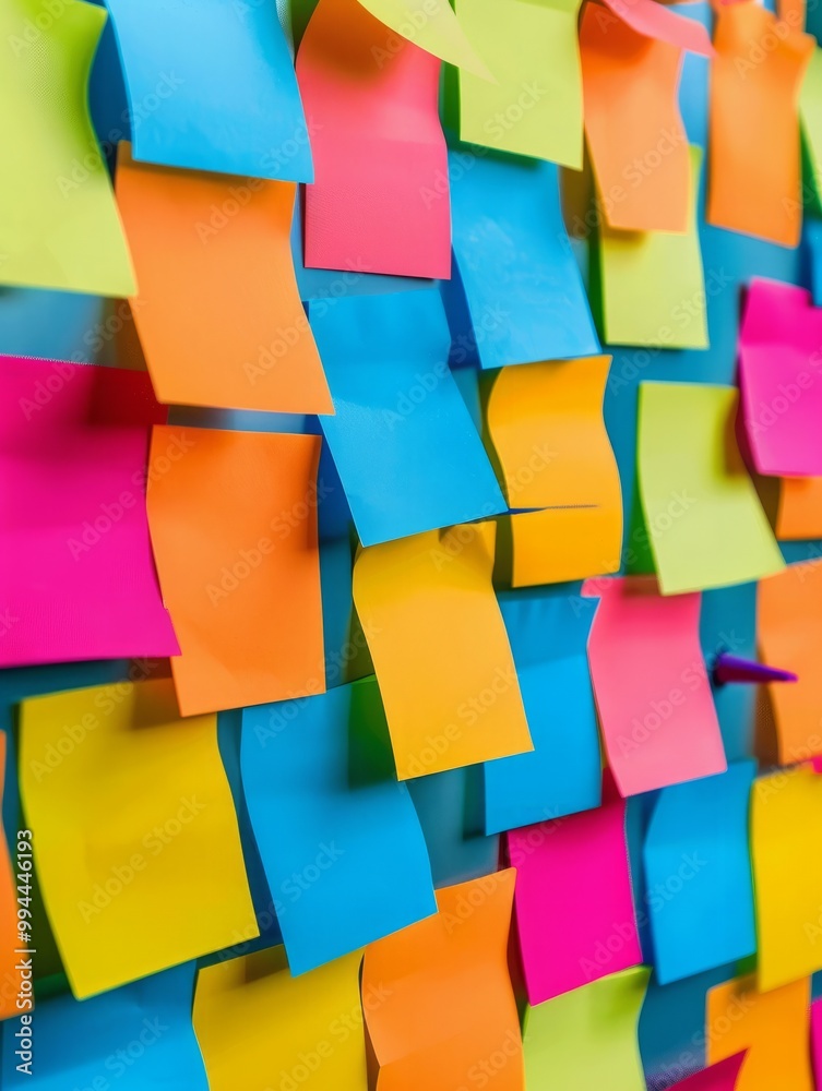 The image depicts a collection of colorful blanc empty sticky notes attached to a wall or board. The image depicts a collection of colorful blanc empty sticky notes attached to a wall or board.