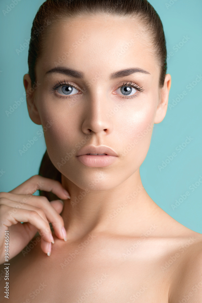Beautiful young women with perfect fresh skin and makeup touches her face. Portrait of model with make-up, eyebrows and long eyelashes. Beauty and Spa, skincare and wellness. Selective focus. Beautiful young women with perfect fresh skin and makeup touches her face. Portrait of model with make-up, eyebrows and long eyelashes. Beauty and Spa, skincare and wellness. Selective focus.