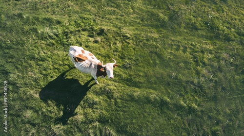 A lone cow stands amidst a vast, verdant field under a sunny sky, embodying tranquility and pastoral beauty.