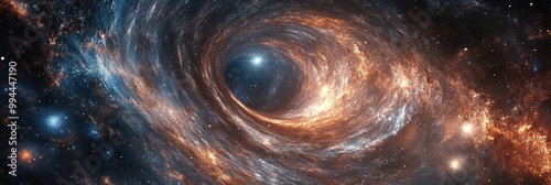 Swirling galaxy texture with glowing stars, nebulae, and black holes creating a cosmic vortex