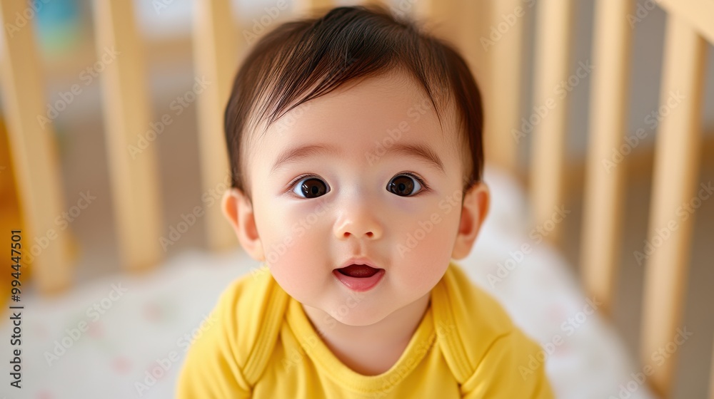 Cute Baby in Yellow Outfit Sitting in Crib Cute Baby in Yellow Outfit Sitting in Crib