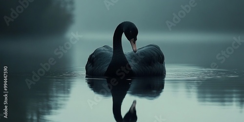Fototapeta Naklejka Na Ścianę i Meble -  A serene black swan gracefully glides over a misty lake. The calm waters reflect its elegant shape. Perfect for nature lovers and wildlife enthusiasts. A tranquil moment captured beautifully. AI