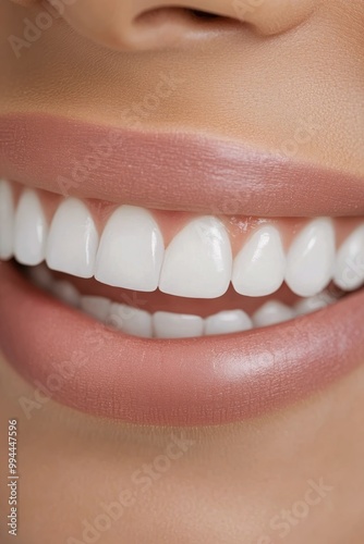 Close-up of a smiling woman showcasing bright white teeth and natural lip color in natural light