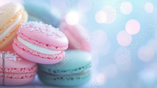 Colorful macarons arranged beautifully on a soft blue background with sparkling lights