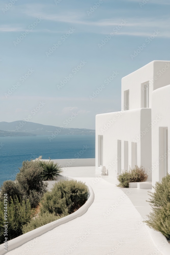 A modern white building by the sea with a scenic view of the coastline and clear blue sky A modern white building by the sea with a scenic view of the coastline and clear blue sky