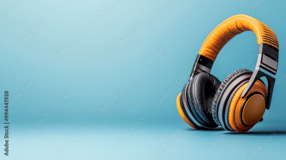 Naklejka premium Stylish Black and Orange Headphones on Blue Background
