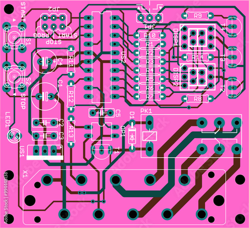Vector printed circuit board of electronic 
device with components of radio elements, 
conductors and contact pads placed on pcb. 
Engineering drawing.
Computer technic cad design.