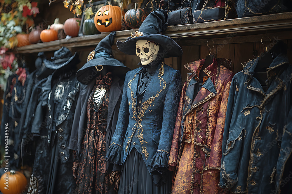 Fototapeta premium Boutique-style Halloween costume shop featuring kid-friendly ghost and vampire costumes. Displayed on racks and mannequins with bright colors, cute accessories, and modern twists on classics. 