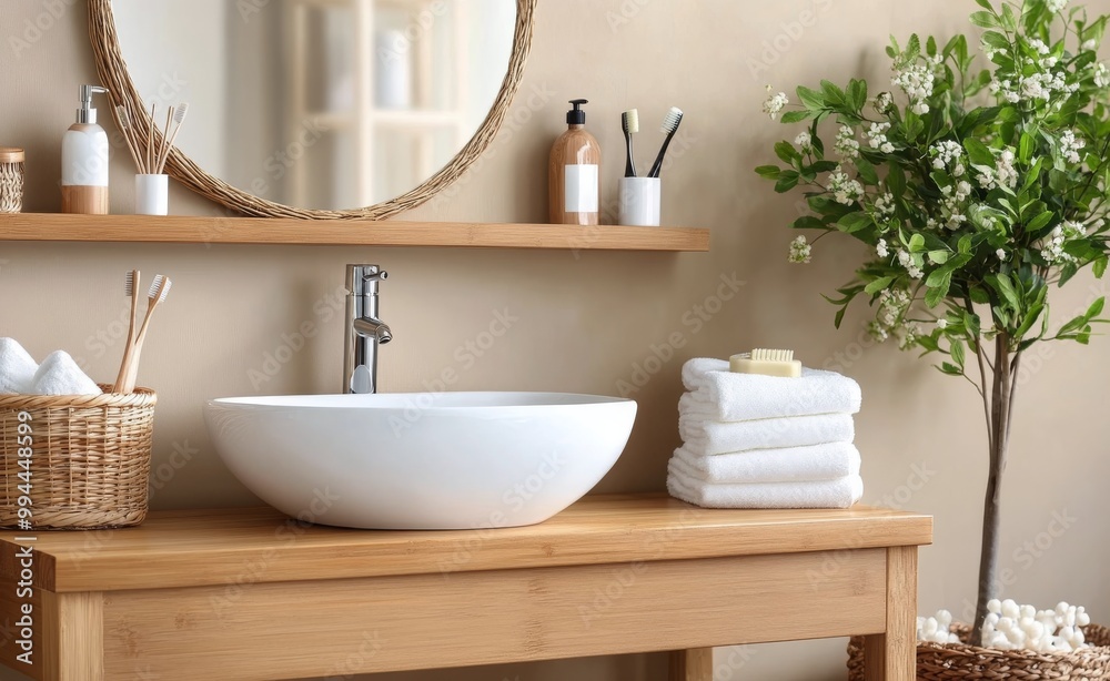 Modern bathroom decor with sink, mirror, and plants for a serene atmosphere Modern bathroom decor with sink, mirror, and plants for a serene atmosphere