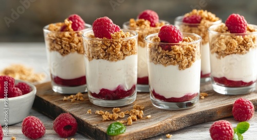 Delicious raspberry yogurt parfaits served on a wooden board with fresh raspberries and granola