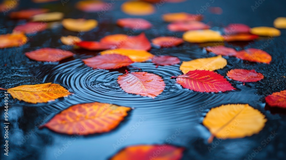 autumn scene with vibrant red, orange, and yellow leaves on a wet surface, reflecting in a puddle on a rainy day. Serene, meditative. perfect for fall and nature background autumn scene with vibrant red, orange, and yellow leaves on a wet surface, reflecting in a puddle on a rainy day. Serene, meditative. perfect for fall and nature background
