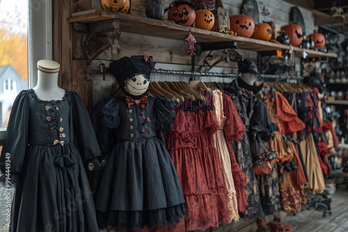 Boutique-style Halloween costume shop featuring kid-friendly ghost and vampire costumes. Displayed on racks and mannequins with bright colors, cute accessories, and modern twists on classics. 