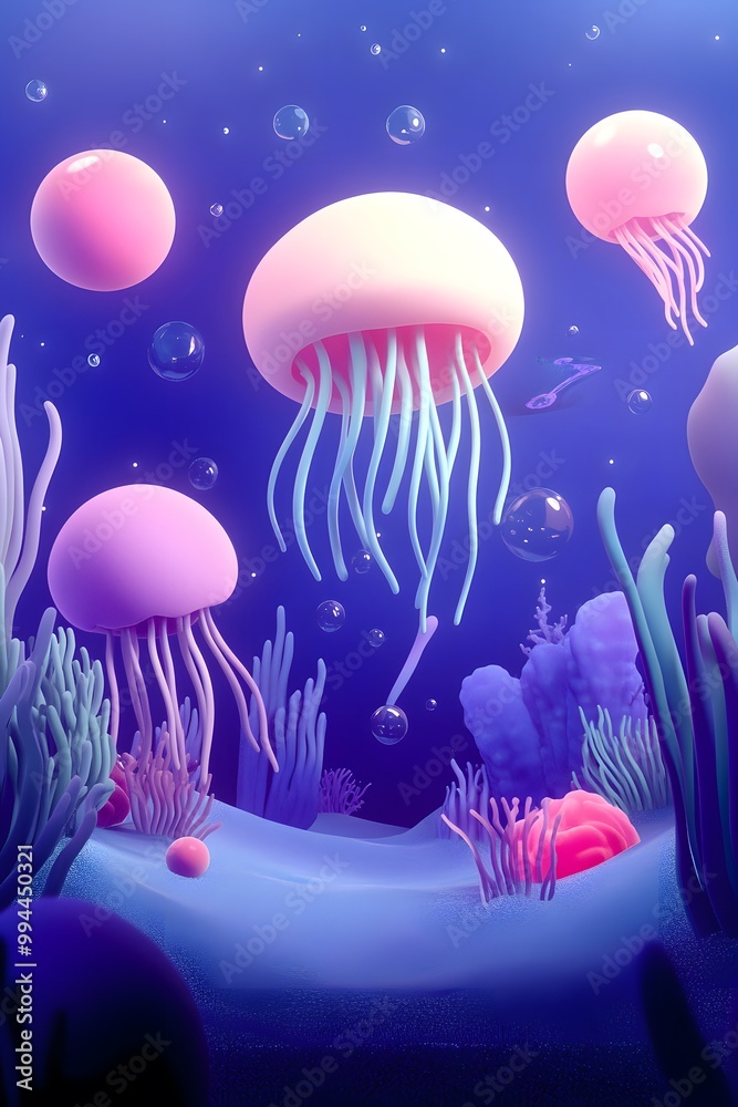 A 3D underwater universe with rounded planets and stars, featuring glowing jellyfish and sea creatures in pastel blues, purples, and pinks. A 3D underwater universe with rounded planets and stars, featuring glowing jellyfish and sea creatures in pastel blues, purples, and pinks.