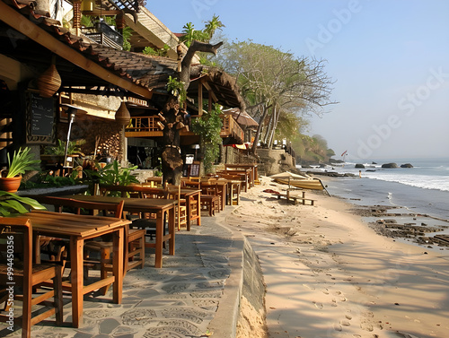 A row of vibrant beachfront restaurants with colorful umbrellas and tables stretching along the coast. photo