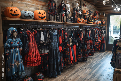 A boutique-style Halloween shop featuring modern children's costumes, specializing in ghosts, vampires, and other spooky-themed outfits for a stylish Halloween. 