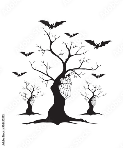 Silhouette Halloween tree with bats