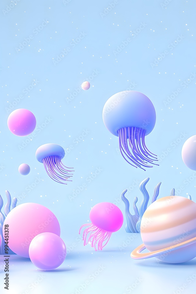 Fototapeta premium A 3D underwater universe with rounded planets and stars, featuring glowing jellyfish and sea creatures in pastel blues, purples, and pinks.