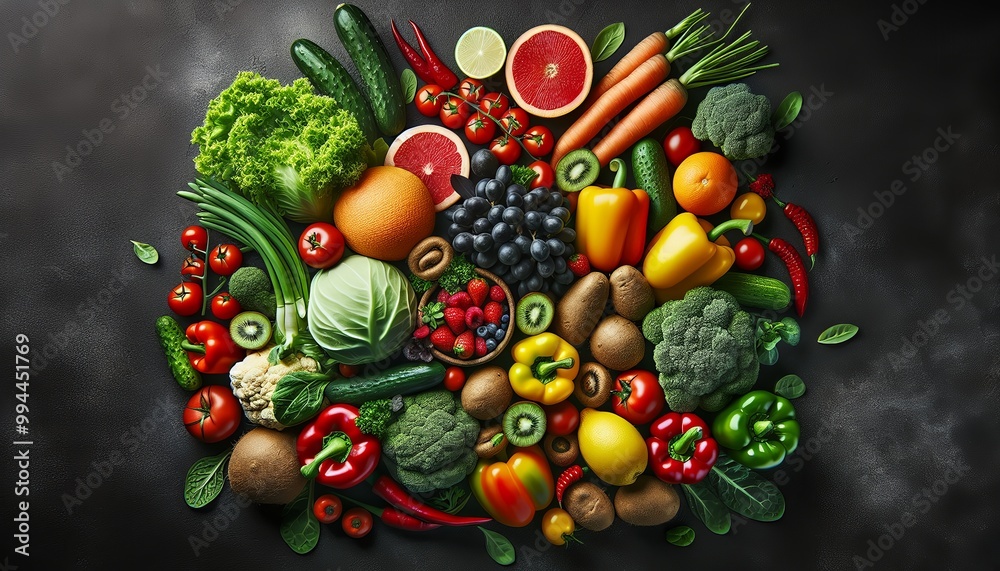 An array of vibrant vegetables and fruits artfully presented against a dark backdrop. An array of vibrant vegetables and fruits artfully presented against a dark backdrop.