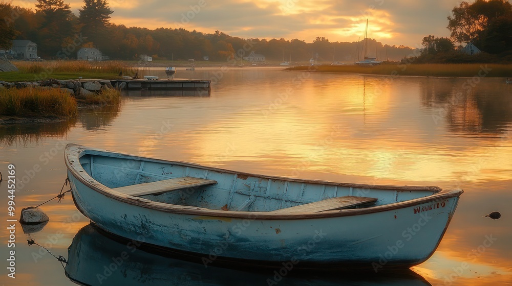 close-up of a hand-made white wooden sailboat floating peacefully in a tranquil Maine harbor. wooden hull and calm waters evoke the serene beauty of American coastal life and nautical tranquility close-up of a hand-made white wooden sailboat floating peacefully in a tranquil Maine harbor. wooden hull and calm waters evoke the serene beauty of American coastal life and nautical tranquility