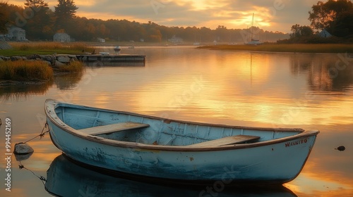 close-up of a hand-made white wooden sailboat floating peacefully in a tranquil Maine harbor. wooden hull and calm waters evoke the serene beauty of American coastal life and nautical tranquility