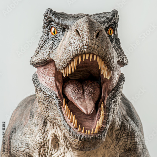 Fierce Tirannosaurus rex dinosaur with open mouth roaring. T-Rex isolated in white background. photo