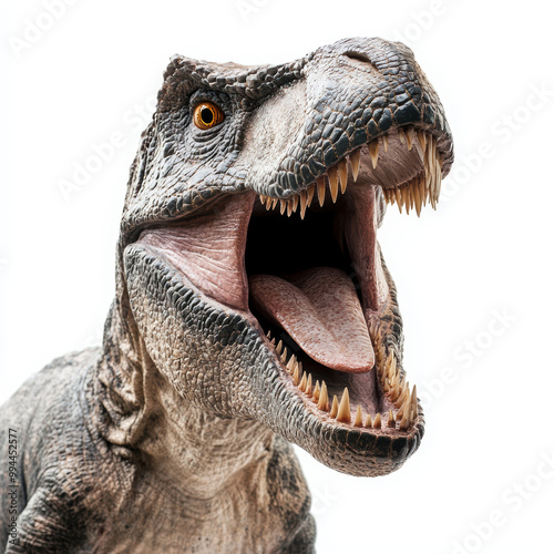 Fierce Tirannosaurus rex dinosaur with open mouth roaring. T-Rex isolated in white background. photo