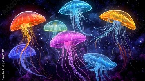 colorful magic jellyfish-mushroom world dark space background electric wallpaper